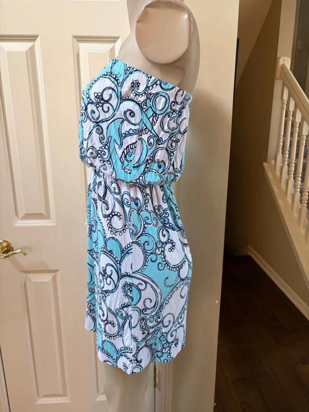 Lilly Pulitzer Turquoise & White Strapless Swirl Print Dress, small - Picture 2 of 4
